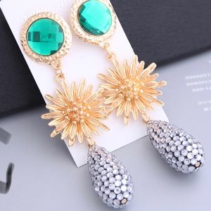 Sun flower  long paved inlaid drop earrings